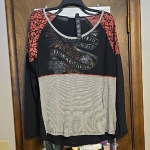 Harley-Davidson Black and Orange Graphic Blouse